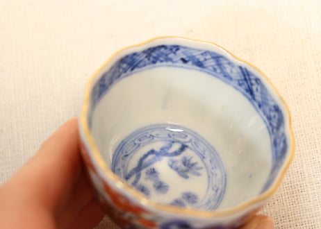 明治前期色絵芦に鳥と牡丹図通り物小向付②見込み淡め