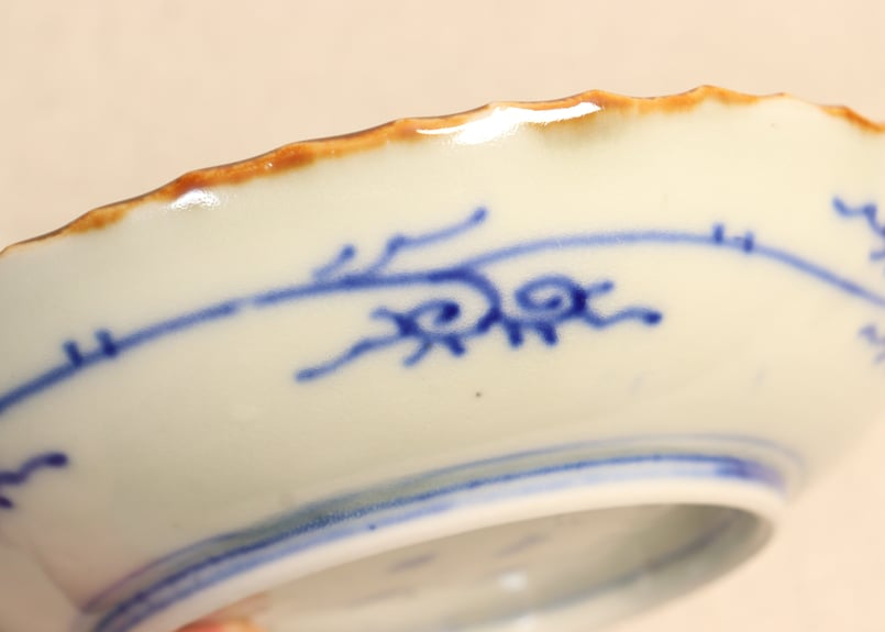 明治前期染付三方に山水窓絵と萩唐草図イゲ縁通り物なます皿