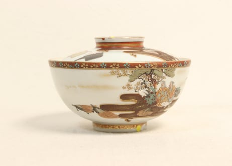 明治前期九谷焼色絵高砂図飯茶碗②蓋ノミホツ,高台ホツ
