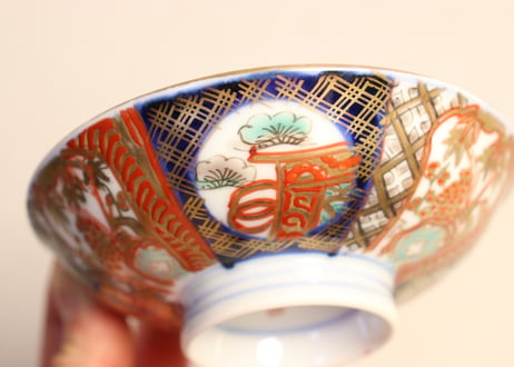 明治前期色絵桃と松竹梅図飯茶碗