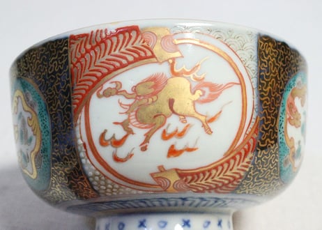 明治前期色絵麒麟と龍図蒸茶碗
