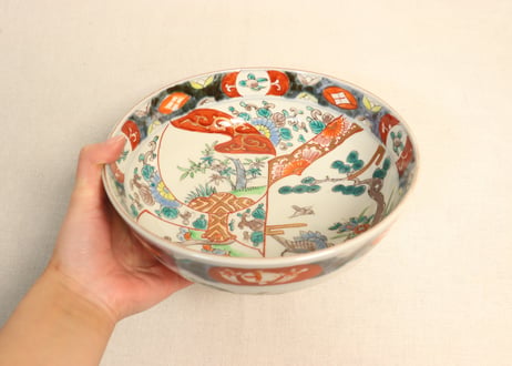明治前期色絵松竹梅に鶴図7寸鉢