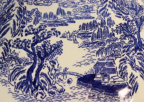 明治前期紙刷山水と青海波図角皿　ノミホツ