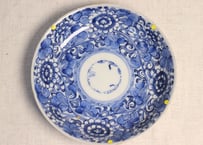 明治前期染付線描き八方に牡丹と唐草図5寸皿 ムシクイ多