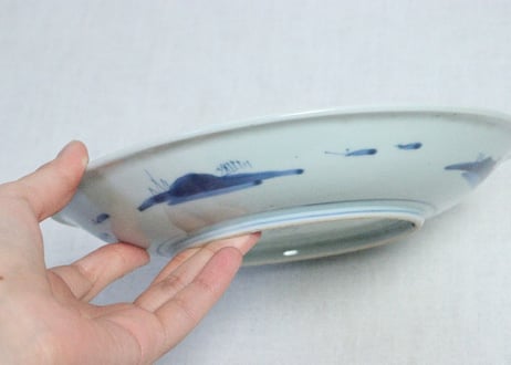 江戸幕末染付芦に鳥と籠目図7寸皿➁　釉飛び