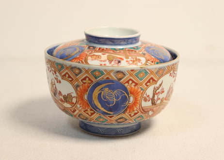 明治前期色絵梅と人物と青玉図蒸茶碗 5客組