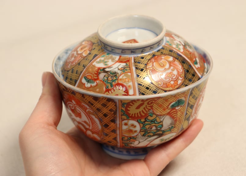 明治前期色絵桃と鶴図通り物飯茶碗 | 吉祥寺PukuPuku