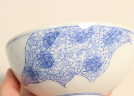 明治後期～大正銅判幾何学文に花と割絵図飯茶碗