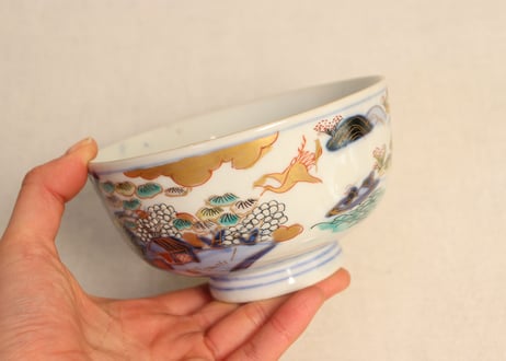 明治前期色絵山水図通り物蒸茶碗② ノミホツ