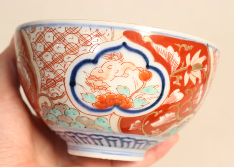 明治前期色絵獅子牡丹と幾何学文図飯茶碗①