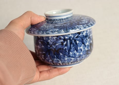 江戸中期染付松竹梅図蓋茶碗小ホツ,小ニュウ
