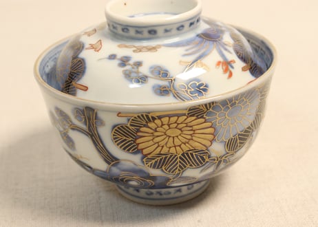明治前期金彩染付四君子図飯茶碗