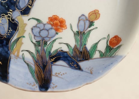 明治前期色絵梅と福寿草図6寸皿 ノミホツ