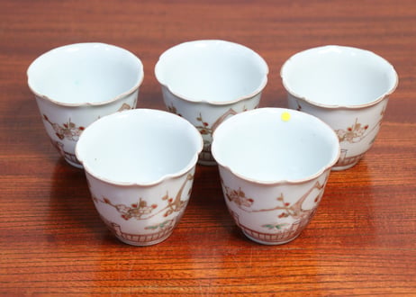 江戸中期色絵芝垣に梅と鶯図輪花向付 五客組 1ヶノミホツ