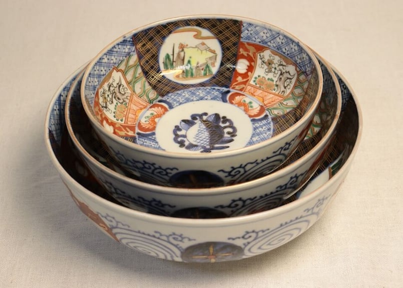 明治前期色絵六方に梅と山水図三つ組鉢 | 吉祥寺PukuPuku