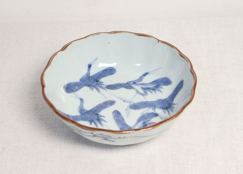 なます皿 4枚 染付 蝶 鳥 渦巻 風車 花弁縁 江戸