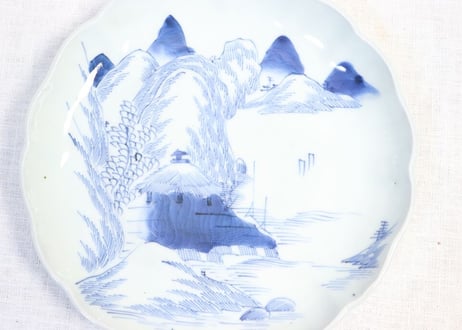 江戸幕末線描き山水図7寸皿