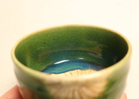 明治後期～大正織部焼緑釉菊図湯呑