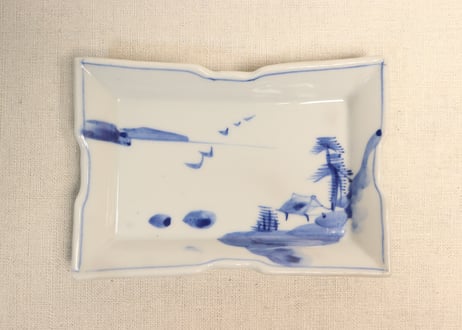 角皿 角長皿 印判 染付 微塵唐草 明治 大正 ベロ藍 松竹梅 窯傷 角皿 角長皿 印判 染付 微塵唐草 明治 大正 ベロ藍 松竹梅 窯傷 6寸長