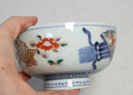 明治前期色絵牡丹と扇に春蘭図蒸茶碗①