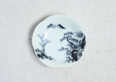 大正～昭和戦前ゴム判山水図五弁小皿
