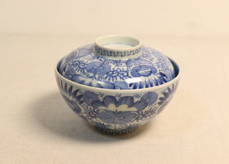江戸幕末染付線描き三方に花図蓋茶碗 5客組