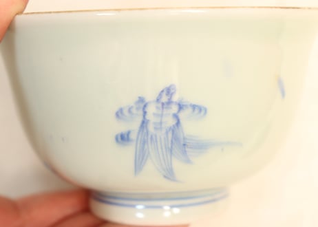 江戸幕末金縁染付松竹梅に鶴亀図通り物飯茶碗　フリモノ