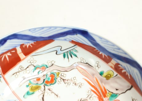 明治前期色絵山水と花鳥図割絵6寸鉢　ノミホツ,膨れ