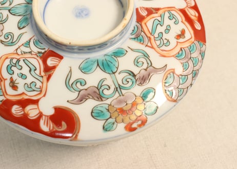 明治前期色絵三方に牡丹図蒸茶碗