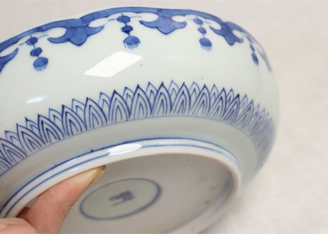 江戸後期染付見と八方に牡丹図6寸鉢 ノミホツ,ムシクイ