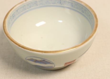 江戸幕末金彩朝顔と山水図飯茶碗