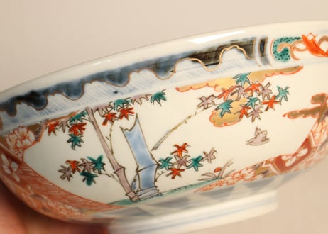 明治前期色絵牡丹と桜に鶴図7寸鉢