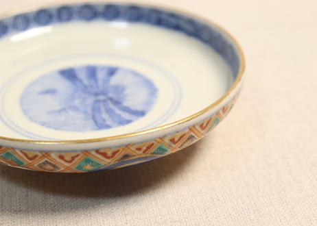 明治前期色絵梅と人物と青玉図蒸茶碗 5客組