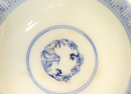 江戸幕末金縁染付松竹梅に鶴亀図通り物飯茶碗　フリモノ