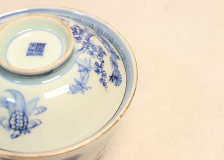江戸幕末金縁染付松竹梅に鶴亀図通り物飯茶碗　フリモノ