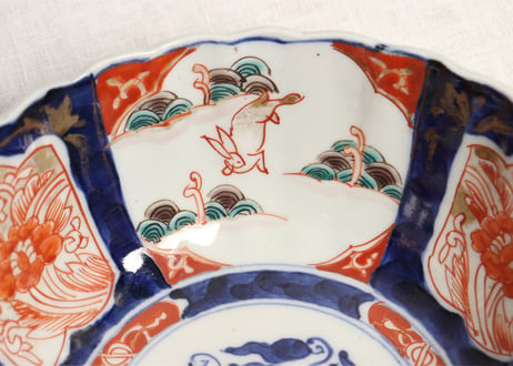 明治前期色絵三方に兎図三つ組鉢 中にニュウ,大にホツ