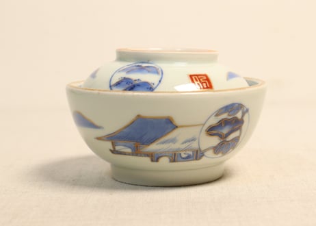 江戸幕末金彩朝顔と山水図飯茶碗