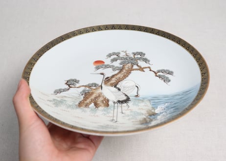 明治前期九谷焼色絵松鶴図通り物8寸皿①