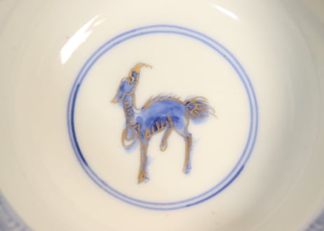 明治前期金彩染付山水図通り物飯茶碗②薄め