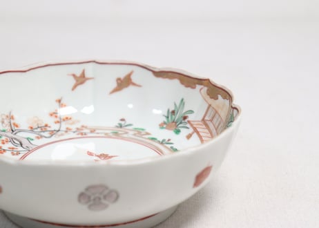 明治前期色絵網手に鶴と梅に鶯図通り物なます皿