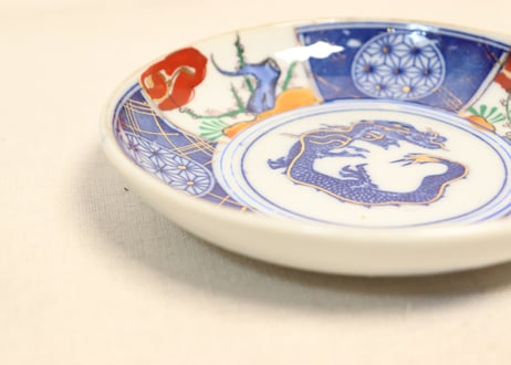 明治後期～大正銅判色絵龍と梅図5寸皿