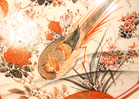 明治前期九谷焼赤絵花鳥図三ツ組鉢 小サイズ少甘手有り