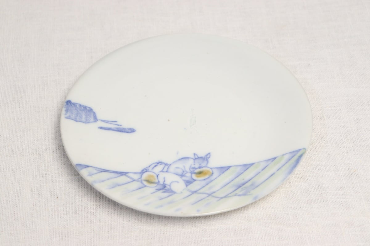 大正　骨董　印判　紫陽花　小皿5枚組 数と骨董】印判波千鳥文小皿（その1）d13.2cm Inban Blue and