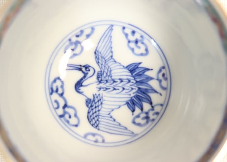 明治後期～大正大聖寺焼色絵雲鶴と松竹梅図つぼ碗