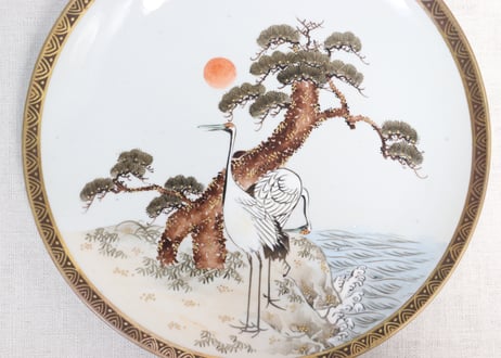 明治前期九谷焼色絵松鶴図通り物7寸皿①
