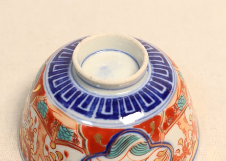 明治後期～大正色絵桜と波千鳥図通り物飯茶碗