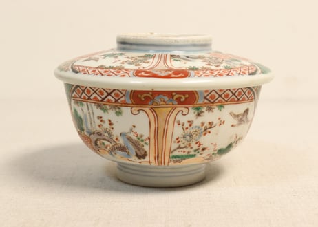 明治前期色絵松竹梅に鶴図通り物蒸茶碗