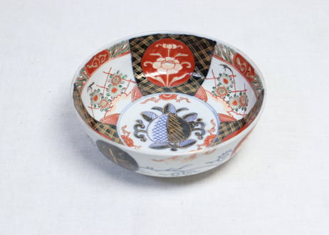 明治前期色絵桃と三方に菊図6寸鉢 五客組 1ヶニュウ