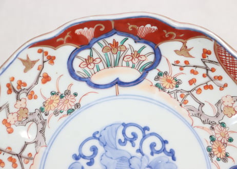 明治前期色絵梅に鶯と菖蒲図通り物7寸皿②かたつき