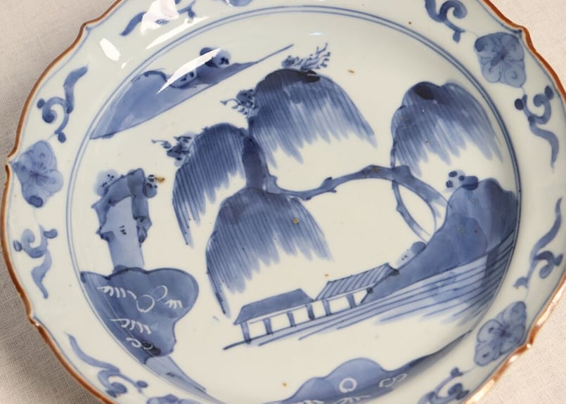 染付皿 4枚 扇子 小皿 江戸後期 訳アリ 窯傷 歪み 欠け